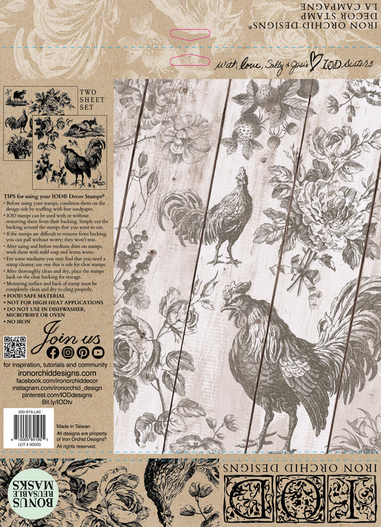 Back cover of IOD 'La Campagne' Stamp with roosters and flowers stamped on wood, and instructions on how to use IOD decor stamps.