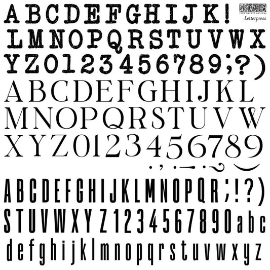 An IOD stamp called "Letterpress" showing a collection of various letters, numbers, and symbols for stamping.