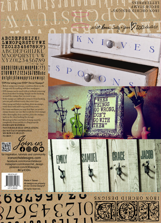 Back cover of IOD's "Letterpress" stamp packaging with example projects and instructions on stamping.