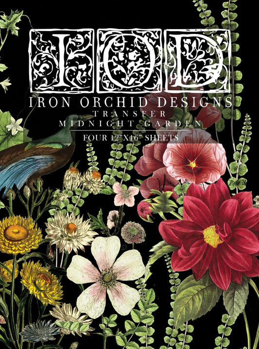 Packaging for Midnight Garden Iron Orchid Designs transfer, featuring a floral design with various flowers and the brand's logo.