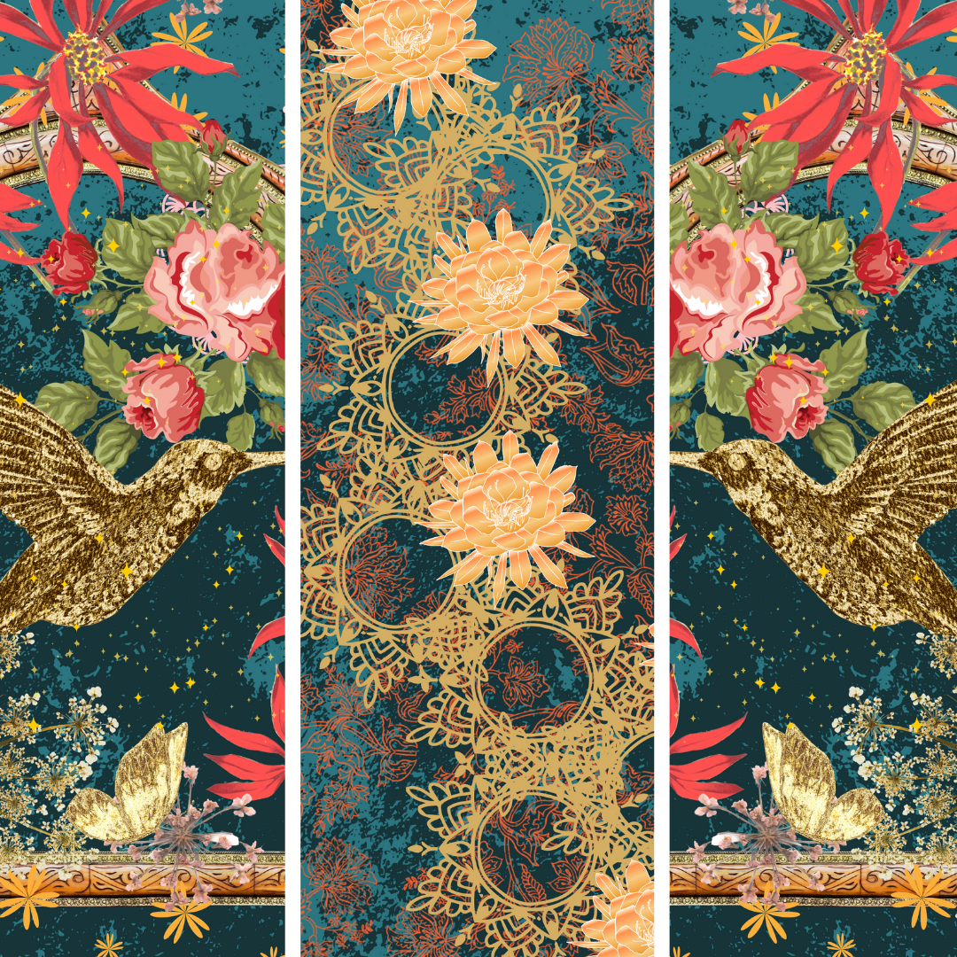 Set of 3 decoupage papers featuring starry skies, hummingbirds, butterflies, and various flowers.