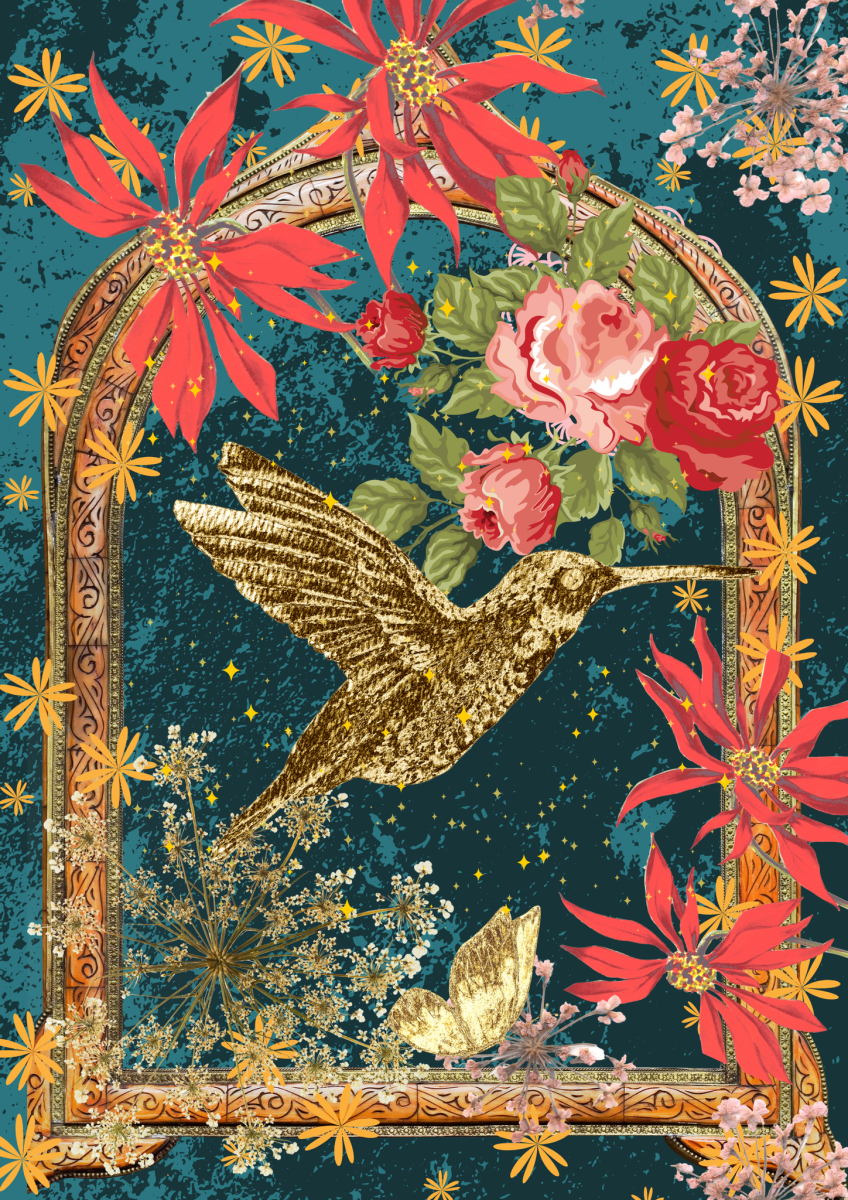 Made by Marley decoupage paper featuring a golden hummingbird in the night sky, surrounded by flowers and an ornate frame.
