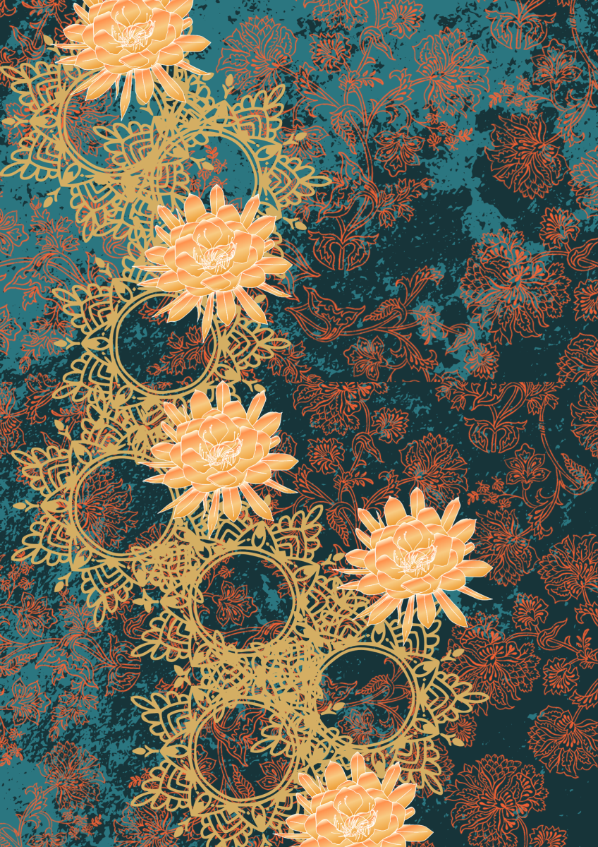 A blue, orange, and yellow decouage paper with unique flower sketches.