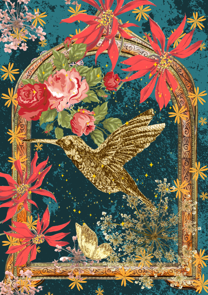 A decoupage paper from 'Night Out' by Made by Marley, feautring a golden hummingbird in a frame with the night sky, butterflies and flowers.