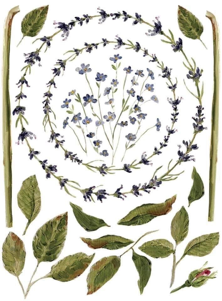 A transfer page from Iron Orchid Designs with a wreath made of lavender and plant stems.