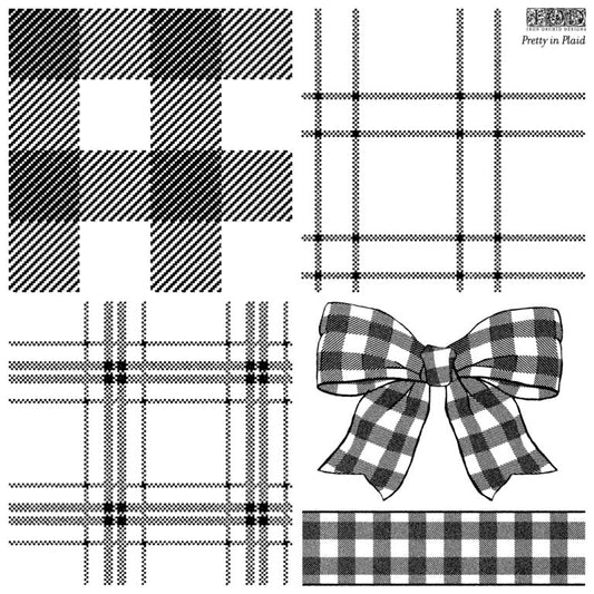 A set of stamps from the Iron Orchid Designs Pretty in Plaid stamp, including various plaid patterns and a bow design.