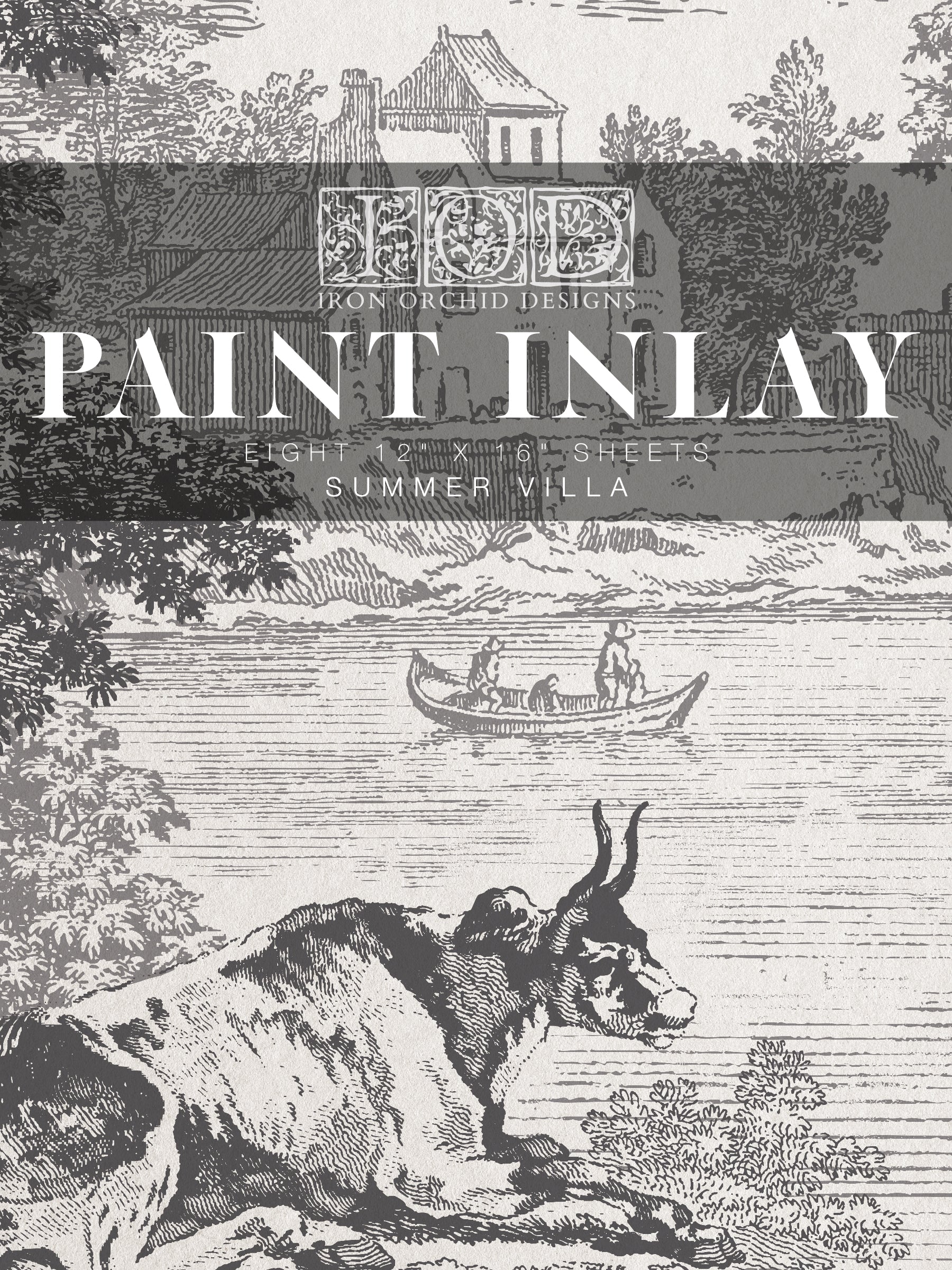 IOD 'Summer Villa' Paint inlay packaging with a vintage summer villa pattern illustration.