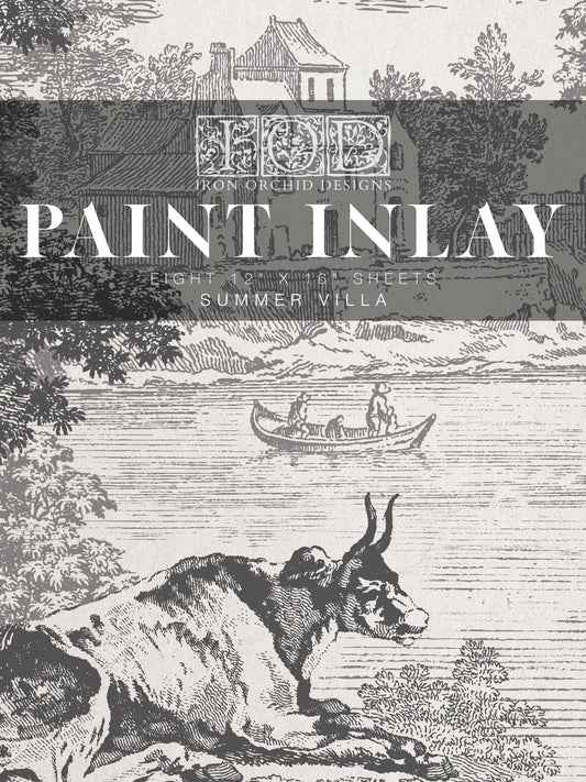 IOD 'Summer Villa' Paint inlay packaging with a vintage summer villa pattern illustration.