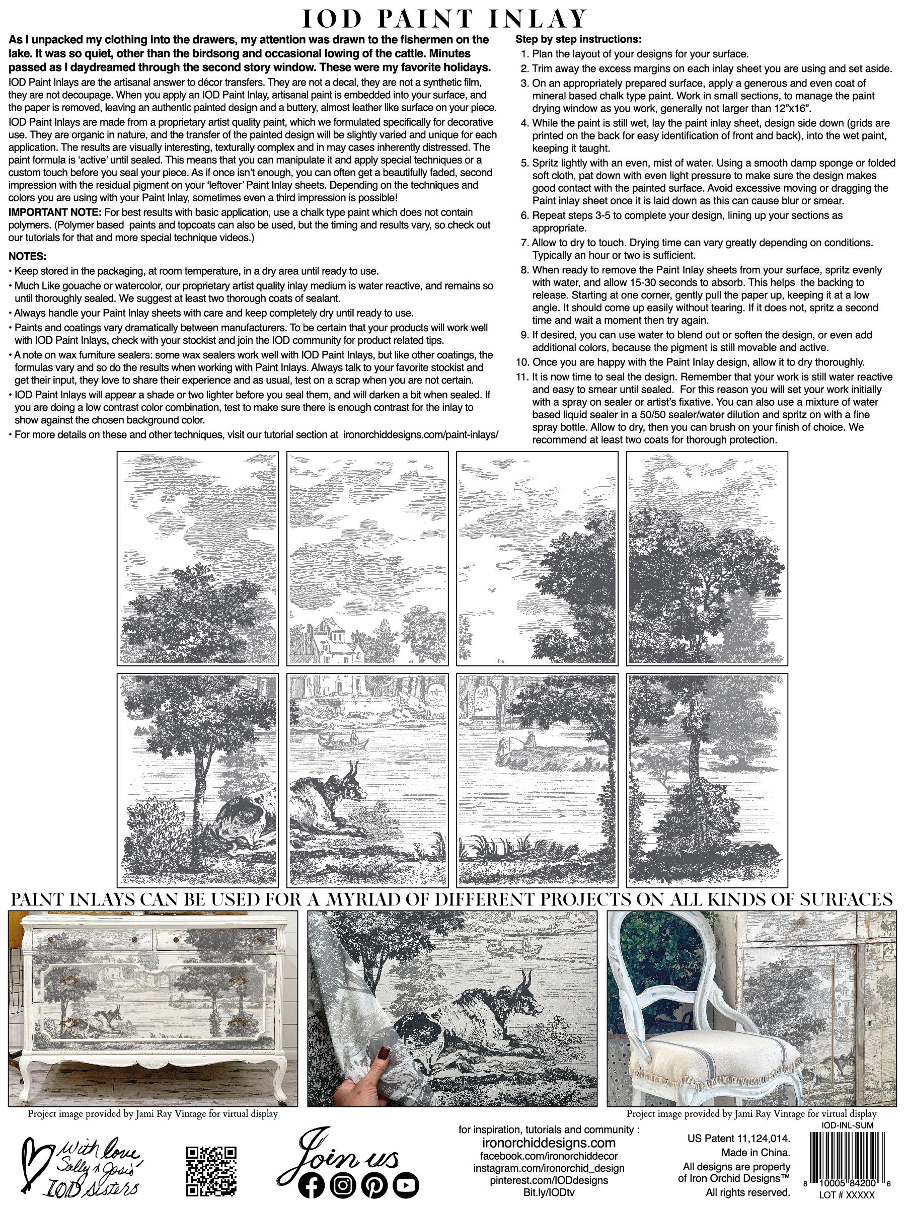 Back cover of IOD's 'Summer Villa' Paint Inlay, with a preview of each sheet and typed instructions on how to use paint inlays.