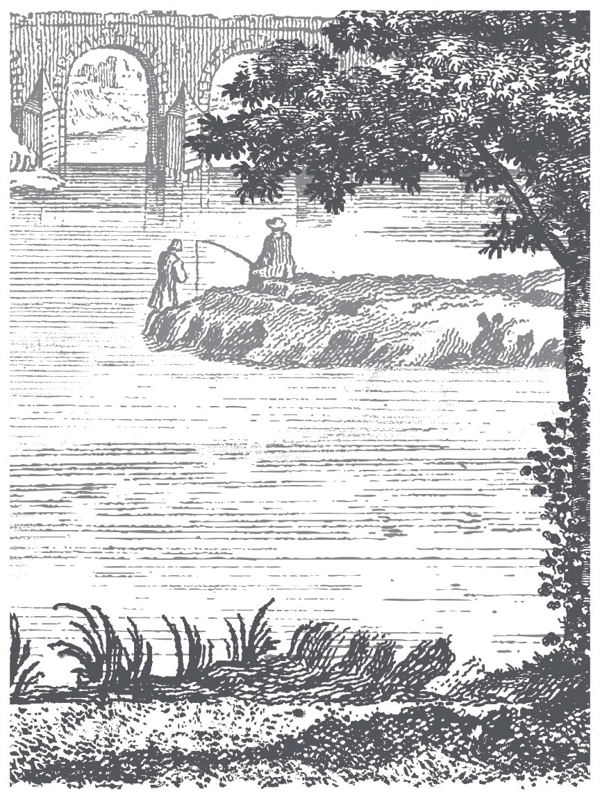 12"x16" page from IOD Paint Inlay 'Summer Villa' with a bridge, inlet, and people fishing.