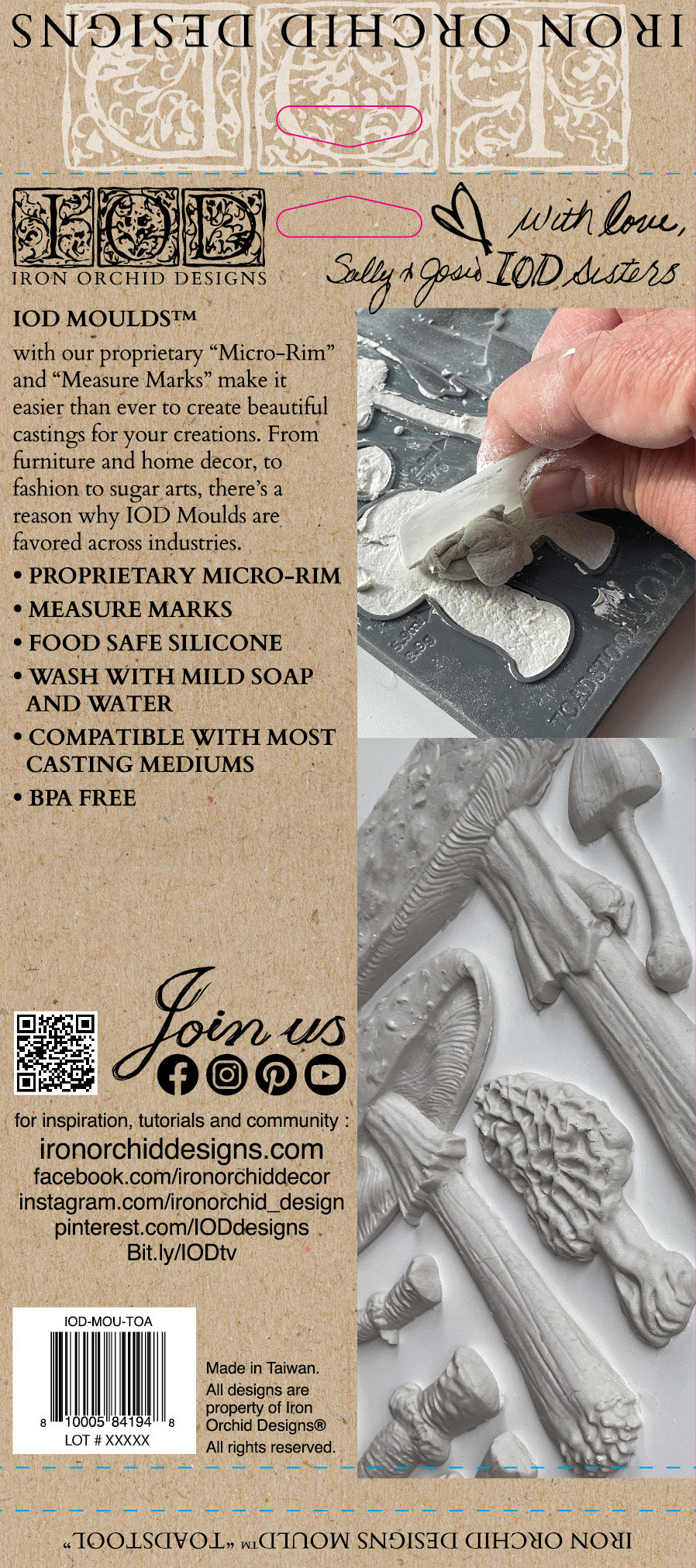 The back cover of the packagin for IOD's "Toadstool" mould. Shows instructions and example mushroom projects.