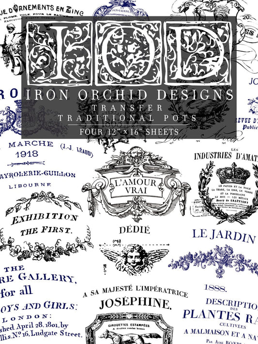 Packaging for Iron Orchid Designs traditional pots transfer, including four sheets of decorative transfer designs.