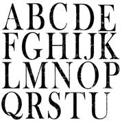 A collection of uppercase letters stamps arranged in a grid pattern, from A to T, designed for typesetting.