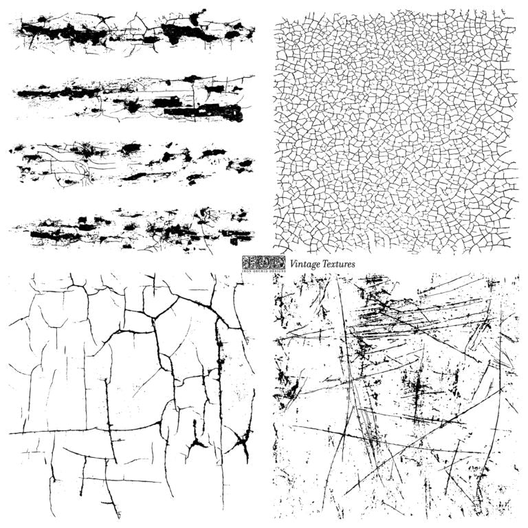 A set of black and white images showing various textured patterns and a map-like design, likely used for decorative stamping purposes. Titled "Vintage Textures" from the brand IOD.