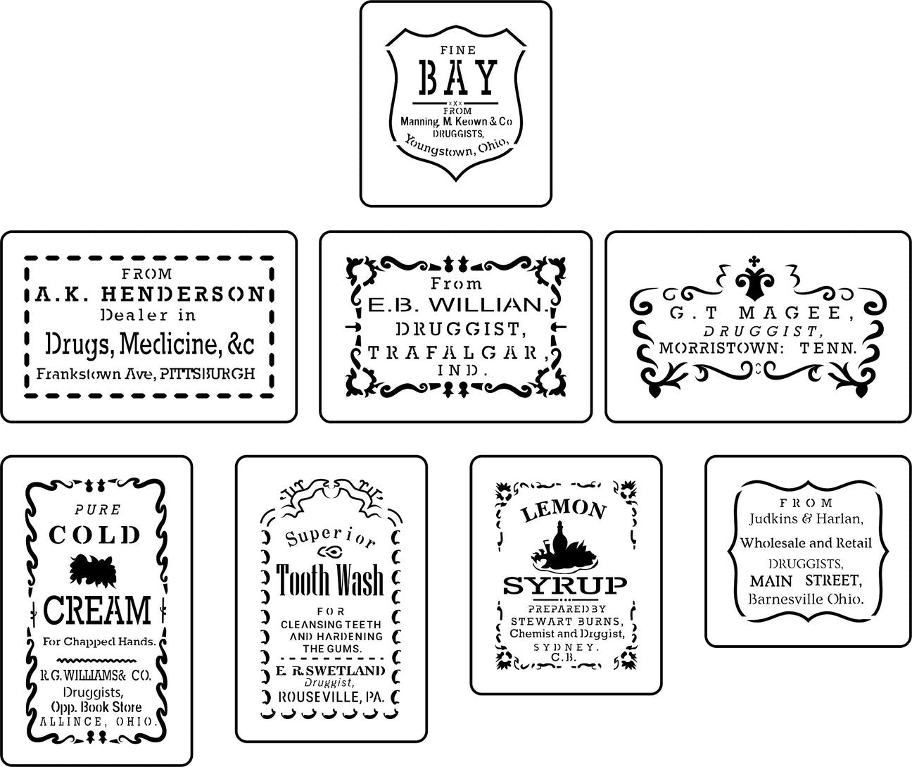 A collection of black and white apothecary label stencils with various vintage designs, branding, and text.