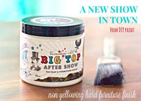 A product image featuring a 16 oz container of 'DIY Big Top' liquid top coat, designed for use on furniture, displayed alongside a brush. The top coat is intended for non-yellowing hard finishes.