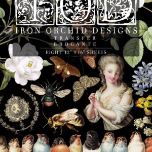 Packaging for Iron Orchid Designs Brocante transfer, featuring eight 12"x16" sheets with various floral and romantic motifs including an image of a woman, birds, and insects.