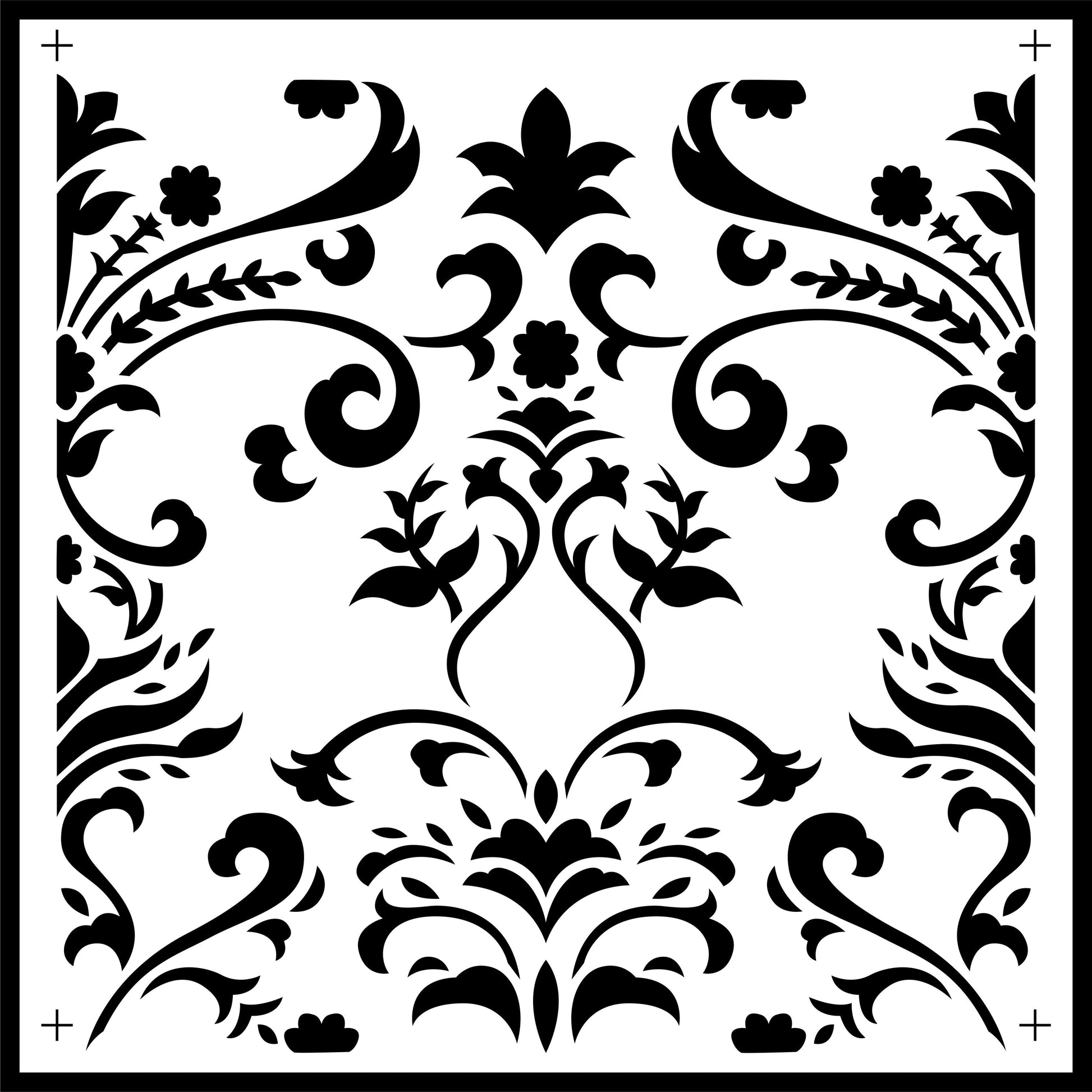 An 11.5" x 11.5" stencil for a damask-style tile.