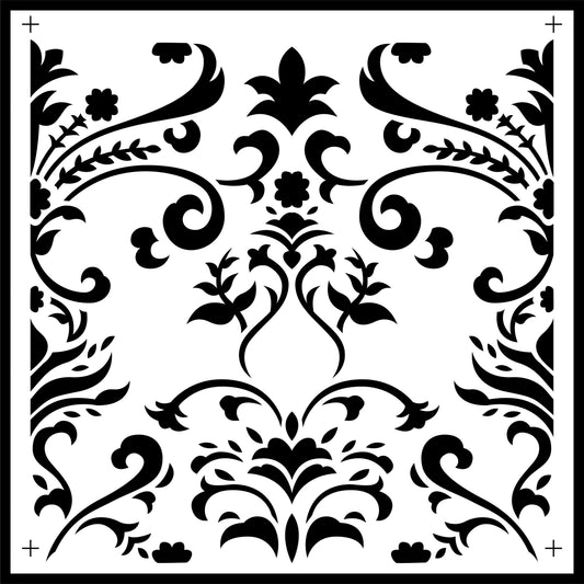An 11.5" x 11.5" stencil for a damask-style tile.