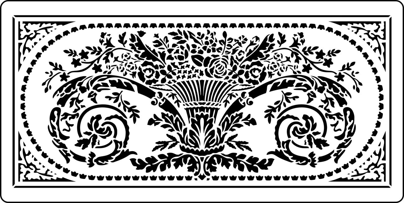 A black and white image of a wall panel stencil with a floral pattern.