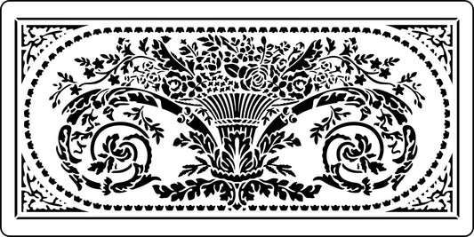 A black and white image of a wall panel stencil with a floral pattern.