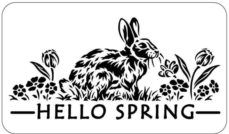 A black stencil design featuring a rabbit and the text 'HELLO SPRING' surrounded by floral elements.