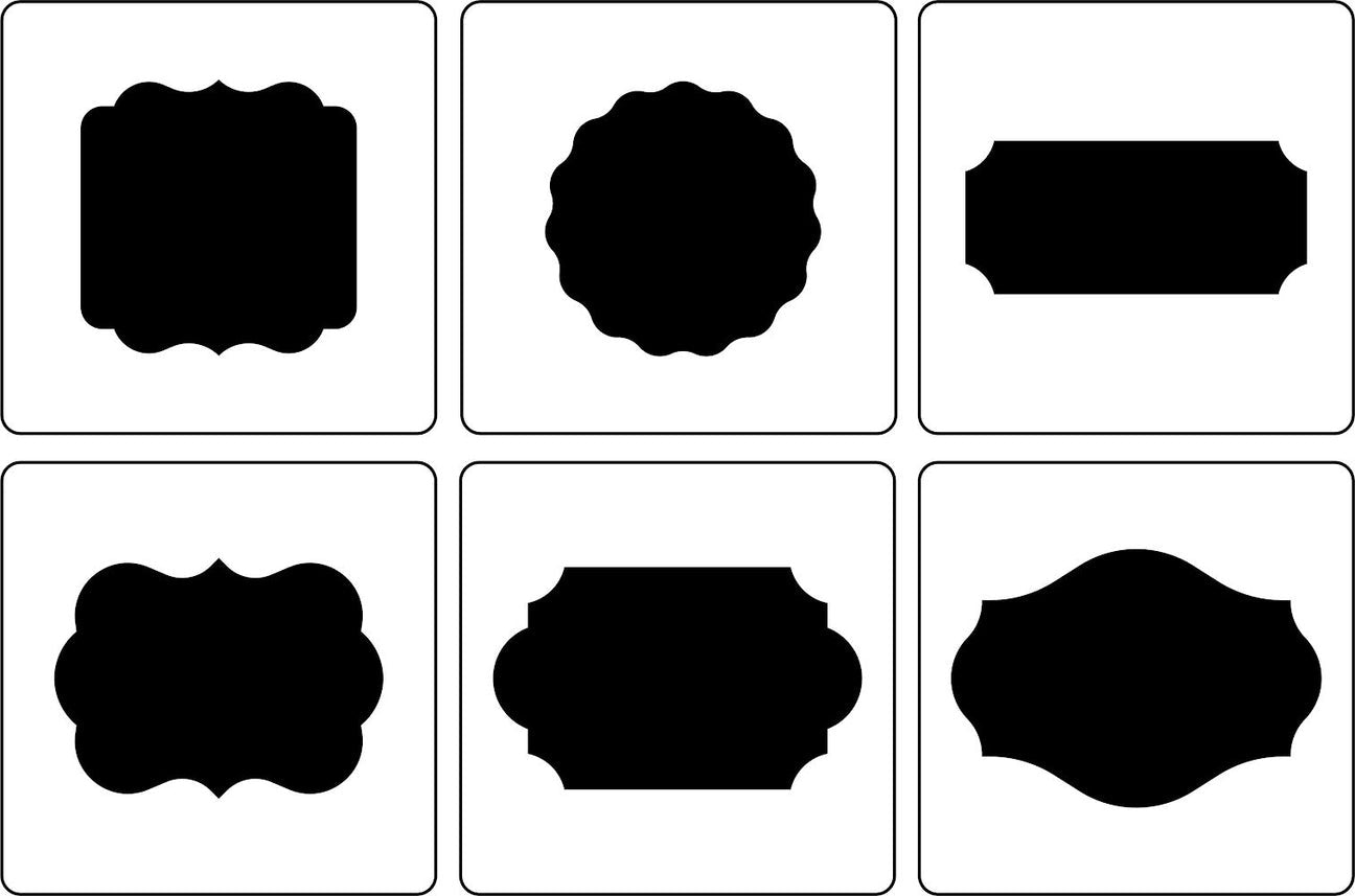 A set of black stencils in various shapes for crafting and label making, designed by Zeb & Jami Ray.