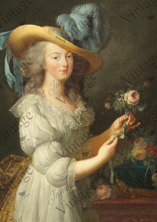 An A4 size rice paper featuring a portrait of Marie Antoinette wearing a large sun hat with a feather, a white dress, and holding roses.