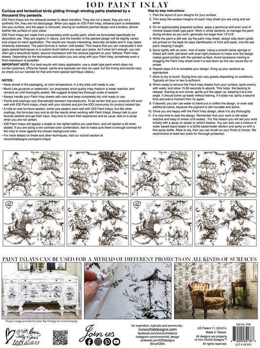 Back cover of "petits parasol" paint inlay with eight preview sheets, three example projects, and instructions on how to use a paint inlay.