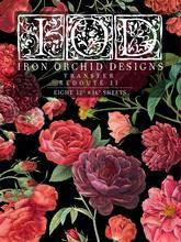 A pack of Iron Orchid Designs transfer sheets featuring floral patterns with red, pink, and white roses. Transfer pad is titled "Redoute 2"